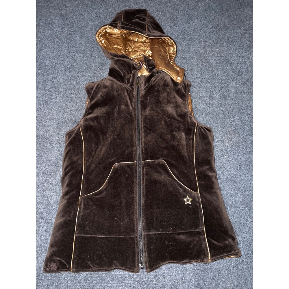 Bianca Nygard Weekend Brown Velvet Hooded Vest Gold Lining Small 23101515
